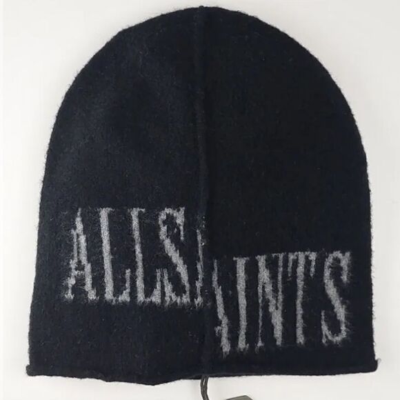 NWT ALLSAINTS KNIT DROP LOGO BEANIE HAT UNISEX OS BLACK WITH GRAY LOGO - Picture 2 of 6